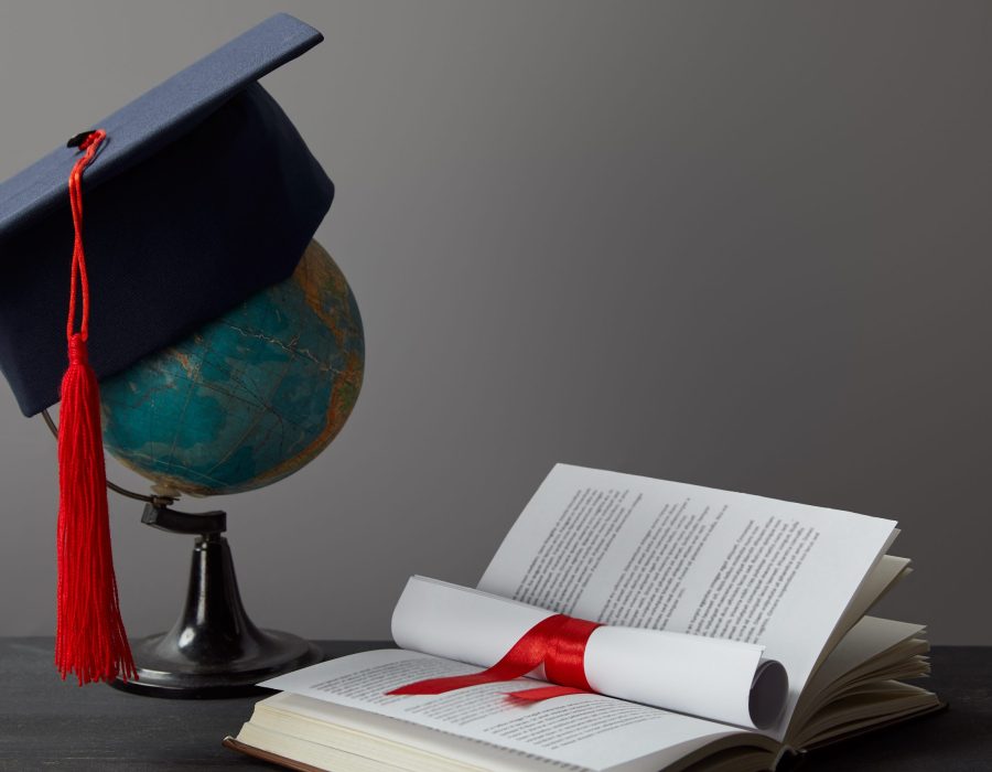 Globe, academic cap, diploma and open book on grey